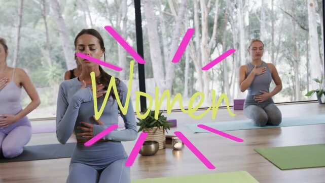 Lead woman guiding yoga breathing, cueing class into kneeling on mats, animated Women overlaying