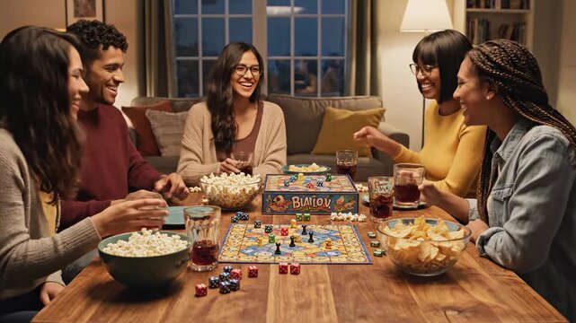 Friends enjoying a board game night with snacks and drinks at home