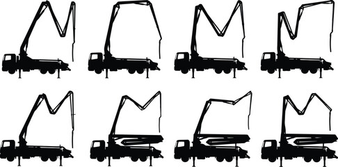 Black Silhouette Set Of Concrete Pump Truck Boom In Various Positions On White Background construction © Muhammad