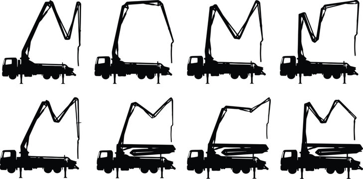 Black Silhouette Set Of Concrete Pump Truck Boom In Various Positions On White Background construction