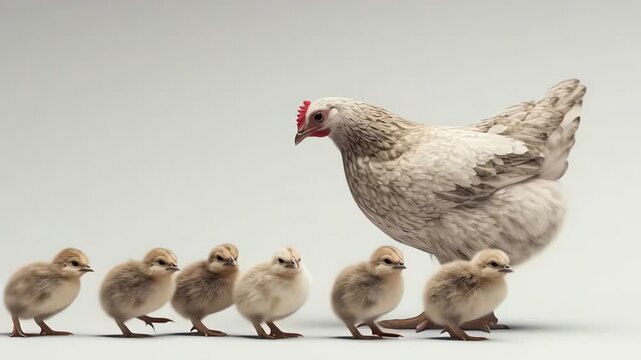 Mother Hen Leading a Line of Chicks on Plain Background
