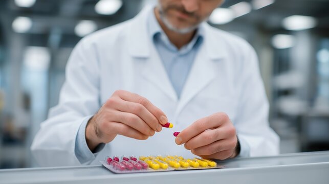 Placebo pill manufacturing facility worker inspecting identical capsules on quality control line, pharmaceutical-grade production environment, clinical white surfaces reflecting overhead task
