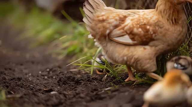 Mother Hen Leading Small Chicks on the Ground