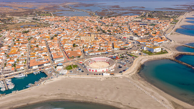 Aerial view of Les Saintes-Maries-de-la-Mer in the Bouches-du-Rh&ocirc;ne department, Provence, France