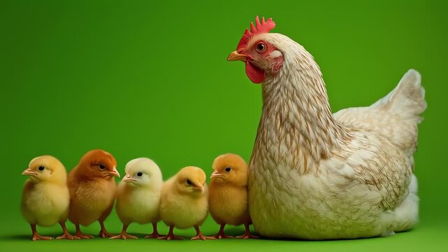 White Mother Hen with Five Small Fluffy Chicks on Green Background