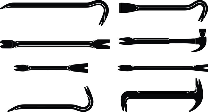 Collection of Black Silhouettes of Various Crowbars and a Hammer Pry Bar wrecking bar nail puller