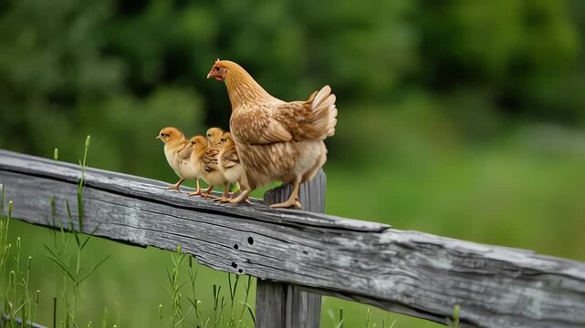 Mother Hen and Her Chicks Walking on a Farm Fence