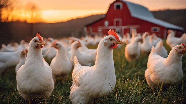 Free Range White Chickens on Farm at Sunset with Red Barn