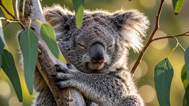 Koala Clinging to Eucalyptus Branch