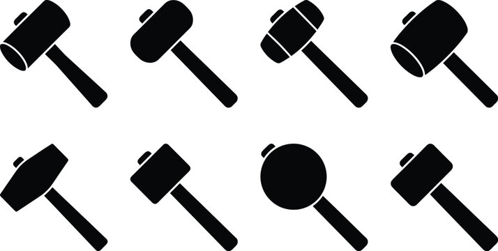 Collection of eight black silhouette icons of mallets and hammers with diverse head shapes and orientations