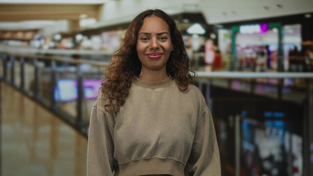 Woman grimacing, face scrunched and eyes closed while wearing cropped sweatshirt in a mall building with railings and stores visible; discomfort.
