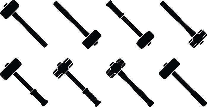 Collection of eight black silhouette icons of various sledgehammers and mallets on a white background