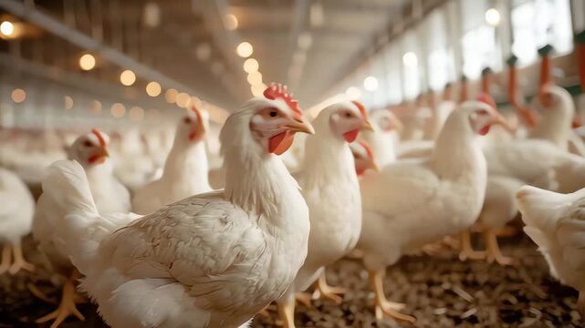 White Broiler Chickens in Modern Large Scale Poultry Farm