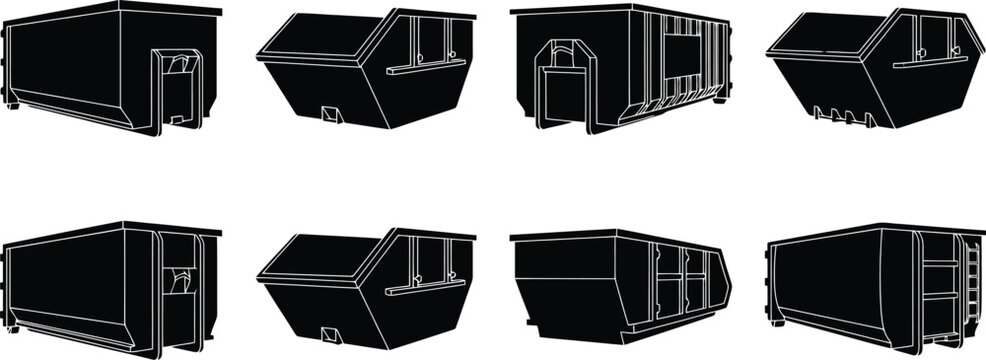 Collection of eight black silhouettes of various dumpster containers on a white background waste trash