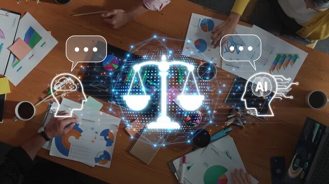 Aerial view of diverse professionals engaged in a brainstorming session on legal technology, exploring ethical AI implications and innovative solutions in a collaborative atmosphere. Raster
