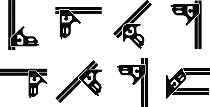 Diverse Black Combination Square Icons in Various Orientations on White Background combination square symbol