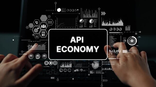 Hands on Laptop with API Economy Concept Displayed on Screen, Digital Interface and Data Visualization Elements. Asymptotic smart data analytic.
