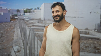 Fototapeta premium Man with beard smiles and tilts head, bare shoulders visible in a sleeveless tanktop standing at a building construction site with rubble and concrete behind; contentment resilience perseverance.