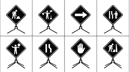 Eight black and white diamond-shaped traffic and construction signs on stands traffic sign road sign © Muhammad