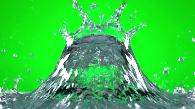 Realistic slow-motion water crown splash and rising crystal sphere on a chroma key green background, perfect for cinematic visual effects and liquid simulations.