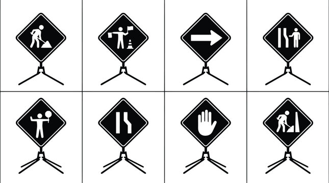 Eight black and white diamond-shaped traffic and construction signs on stands traffic sign road sign