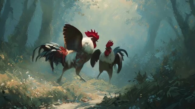 Two Roosters Fighting in a Sunlit Forest Digital Illustration