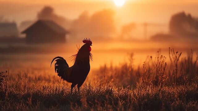 Rooster Crowing in Golden Sunset Field at Dawn