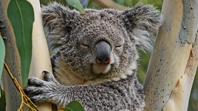 Koala sleeps soundly in a eucalyptus tree