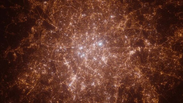 Paris (France) top view at night. Top view on modern city with street lights and glow effect. Camera is zooming in, rotating clockwise. Vertical video. The north is on the left side