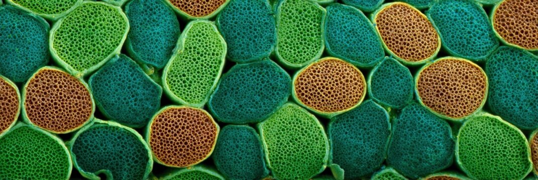 Close up microscopic plant fiber cell cross section showing round vessels porous walls and vibrant color contrast
