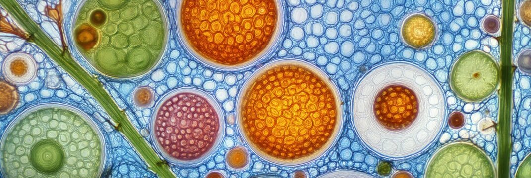 Plant stem cross section circular vessels microscopic mosaic of colored cells xylem phloem parenchyma fibers and air spaces in blue background under high magnification