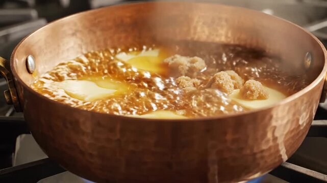 A process shows heating ingredients in a copper pot on a stove as they mix and bubble during cooking