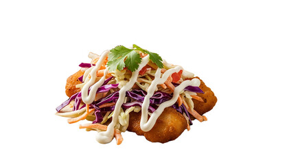 A delectable and appetizing fish taco with vibrant vegetables and sauces. PNG, isolated on white background