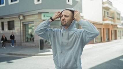 Obraz premium Man in gray hoodie with folded arms, visible face and sideways gaze on a street with buildings; contemplation solitude.