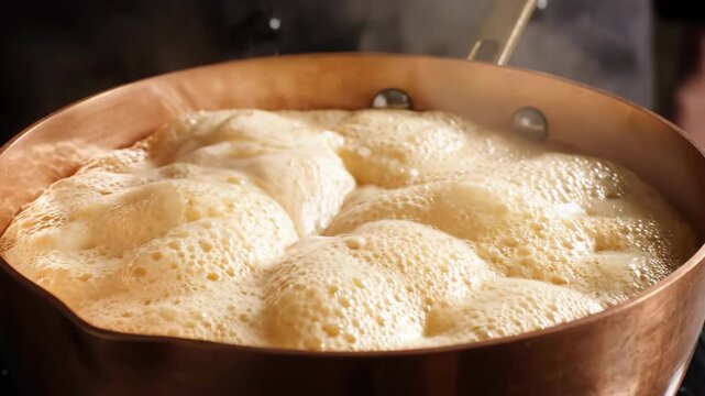 A person adds sugar to hot coffee in a pot as it bubbles and creates foam during the cooking process