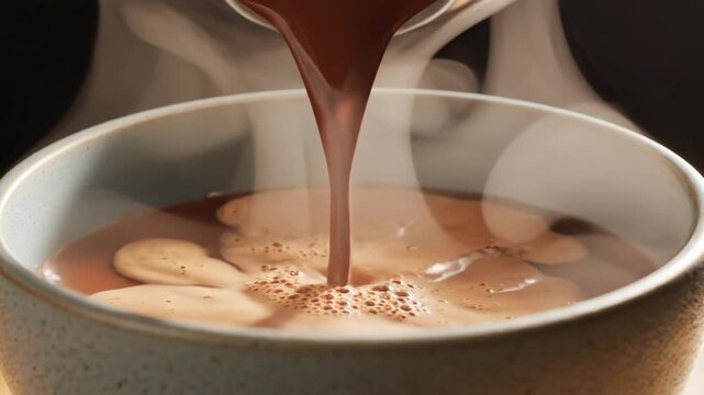 Liquid chocolate flows into a bowl as steam curls up, creating a warm and inviting atmosphere in a nice indoor space