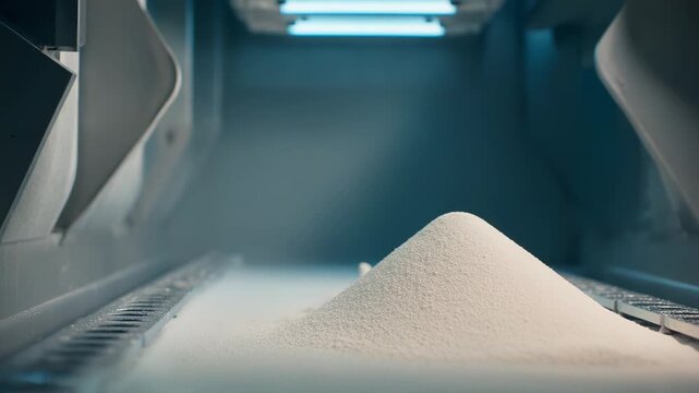 White granular product continuously falling from a dispenser onto an industrial conveyor belt, symbolizing production, manufacturing, and food processing in a factory environment