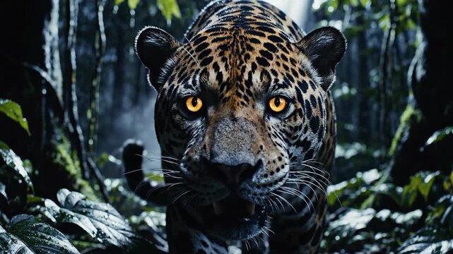 Jaguar Emerging from Moonlit Jungle Shadows