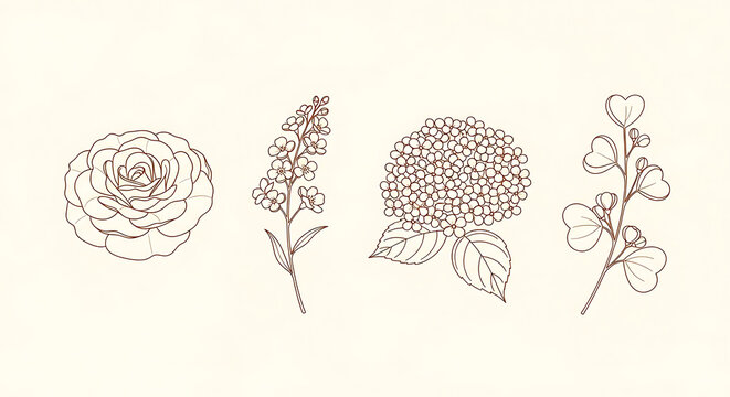 Four botanical line of a rose hydrangea and two sprigs