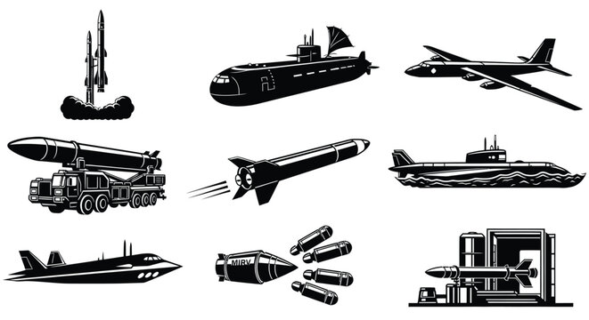 Nuclear Submarines, ICBM Mobile Launchers, Tactical Bombers, and Ballistic Missile Silos Vector Silhouettes