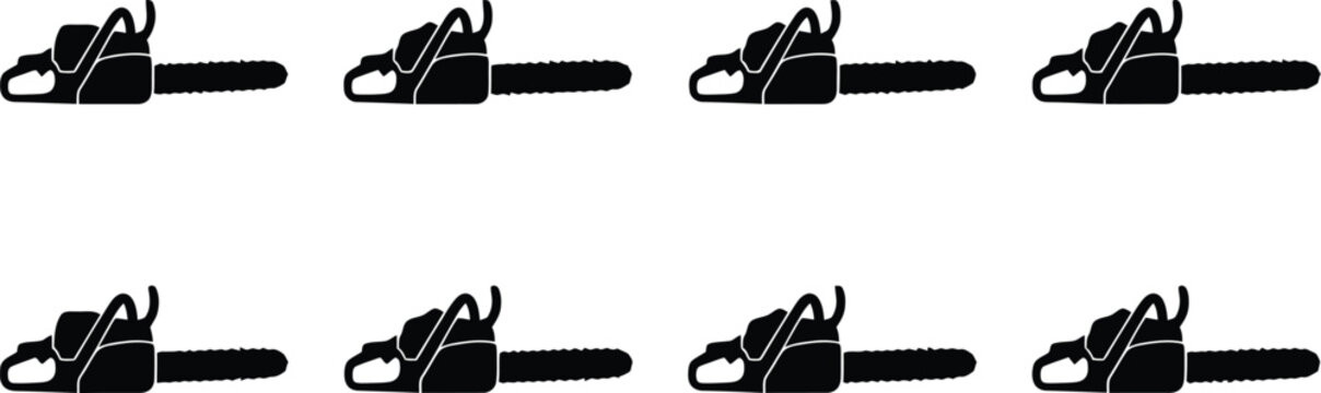 Eight Black Silhouette Chainsaws Lined Up Horizontally on a White Background power tool