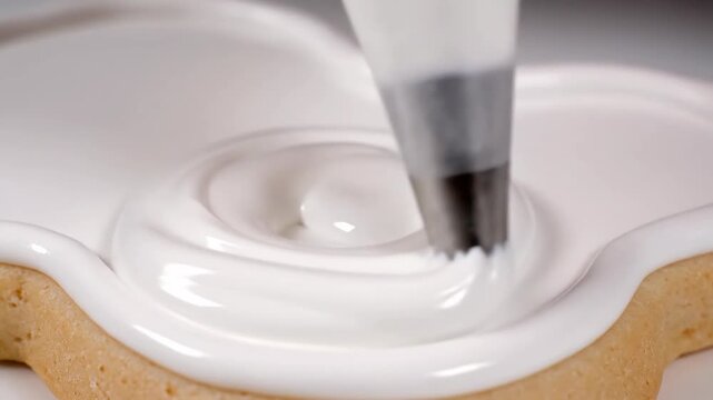 Icing is applied to a cookie using a piping bag. The design takes shape with each swirl made by the nozzle on the surface