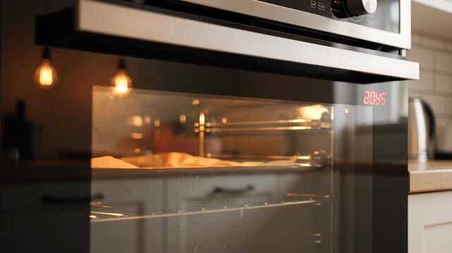 A person checks the baking bread in the oven while monitoring the temperature and timer settings in a kitchen at home