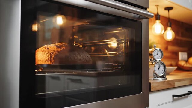 Bread is baking in an oven. Smoke rises as the crust forms. Warm light fills the kitchen space. The aroma fills the air