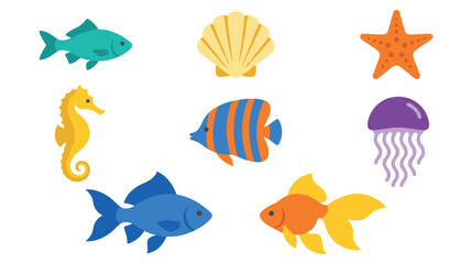 Colorful marine life icons with tropical fish and sea creatures set © GW