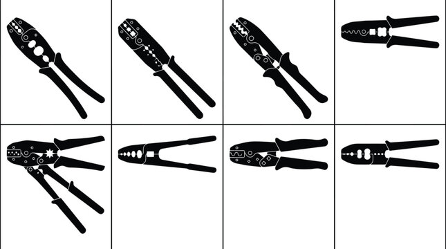 Eight black silhouette crimping tools and wire strippers shown in various open and closed positions on a white background
