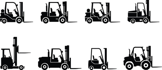 Eight Black Silhouette Forklift Trucks on White Background material handling logistics © Muhammad