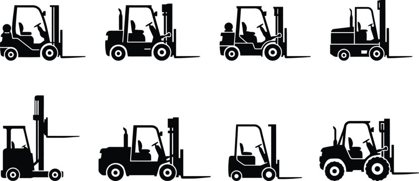 Eight Black Silhouette Forklift Trucks on White Background material handling logistics