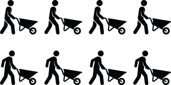 Eight black silhouette icons of a person pushing a wheelbarrow distinc presenting