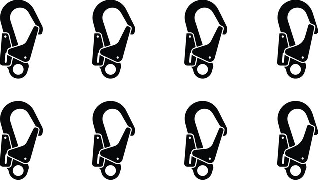 Eight black silhouette icons of carabiner clips with spring-loaded gates on a white background hook fastener
